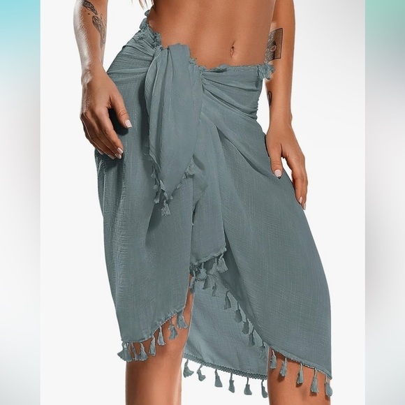 NEW Swimsuit Beach Pool Cover Up Skirt Tassel Wrap Sarong Green One Size - Picture 1 of 6